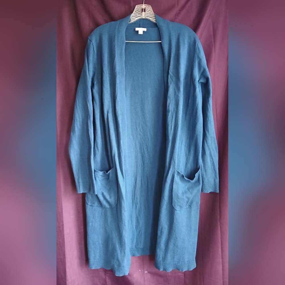 ❣️sold❣️ J.Jill Teal Blue Open Long Cardigan Duster Pockets Cotton Wool Blend